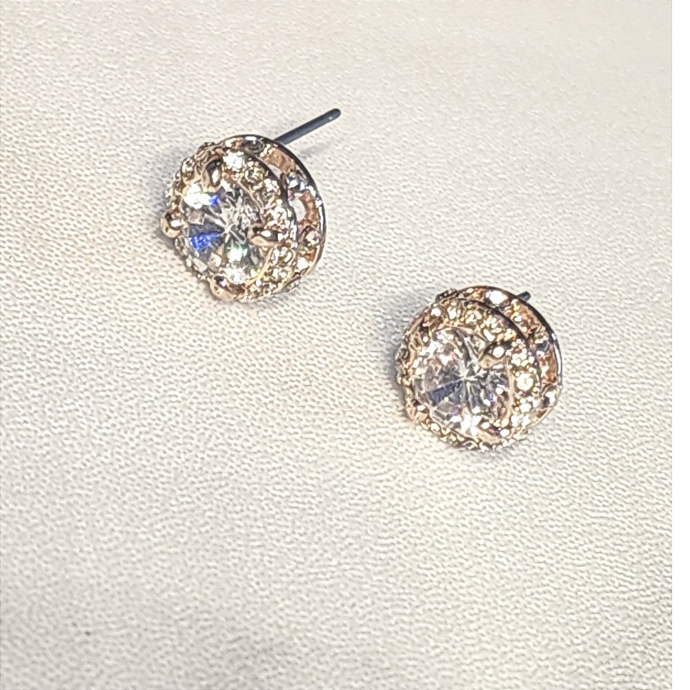 Clear Cubic Zirconia  Goldtone Halo Stud Earrings Small Round Crystal Sparkle